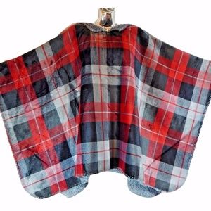 GROOVY GLAM Handmade Red and Grey Plaid Sherpa Lined Minky Plush Poncho